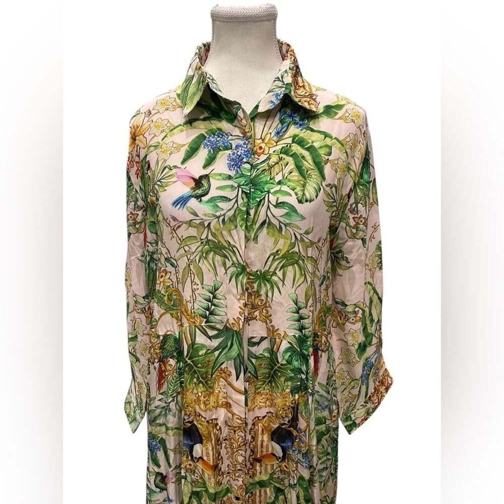jayshree dalal Tropical Silk Blend Long Shirt Dress Sz:L - Picture 2 of 11